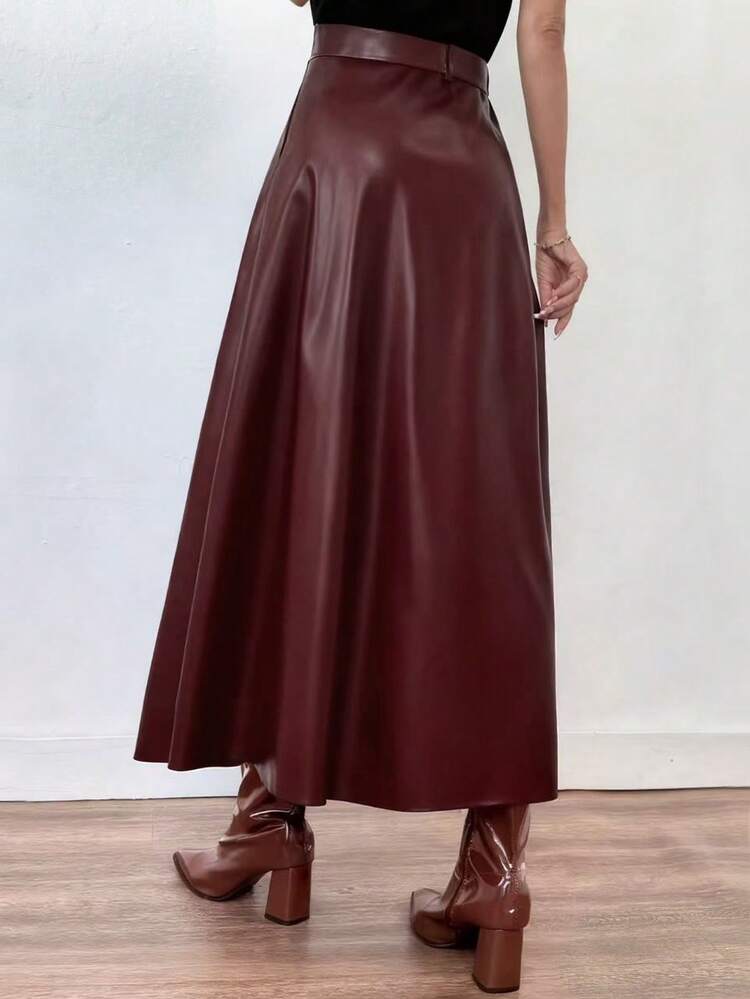 Saia de Couro Elegante para Mulheres EARO, Casual Versátil na Moda e Elegante - Vinho - Visão 4