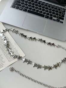 1pc Silver Star Chain Belt, Women's Western Metal Thin Waist Chain For Dresses, Jeans, Y2K Body Jewelry