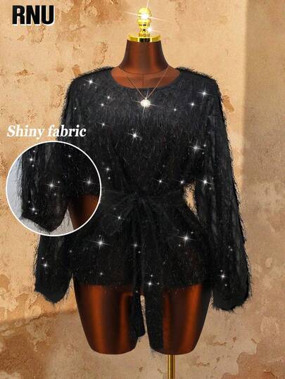 RNU Blusa de mujer talla grande elegante con tela brillante y suave, diseño de lazo con flecos en la cintura, cuello redondo y mangas abultadas. Versátil para conciertos de música, fiestas, discotecas, estilo vintage, Navidad, cumpleaños y ocasiones formales