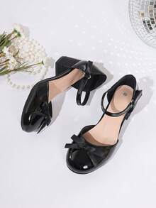 1 Pair Wine Red Bow Sequin Chunky Heel Shoes, Sweet & Cool Fashion Item - Black - View 5