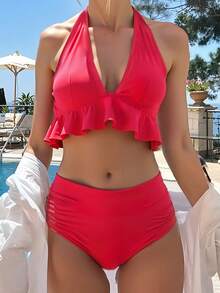 AONIHUA 女士 V 领两件套假日纯色性感挂脖比基尼泳衣套装，适合夏季海滩度假，沙滩装 - 紅色 - 查看 3