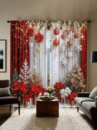 1 Set Of 2 Pcs, Modern Art Christmas, Christmas Tree, Santa Claus, Christmas Snowflake, Decorative Living Room Curtains, Semi-Blackout Curtains, Semi-Sheer Curtains, Bedroom Curtains, Living Room Curtains, Home Decor Curtains