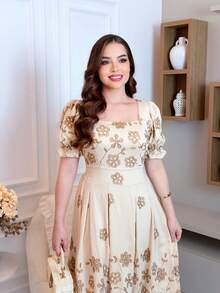 Elegant Viscose Midi Dress With Short Sleeves - Krem - View 3