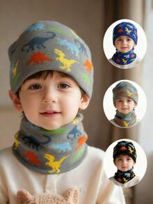 1 set Berretto a maglia con dinosauro unisex per bambini - Berretto termico foderato con motivo a dinosauro e scaldarcollo abbinato per avventure all'aperto, giochi invernali, attività scolastiche - 1 set - Visualizzare 2