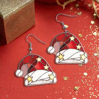 1 Pair Colorful Glass Style Earrings, Cute & Fun Christmas Santa Hat Gift For Women