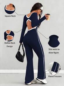 Bộ jumpsuit nữ AITYI Studio, thiết kế thời trang, cổ chữ U khoét rỗng phối dây đai tương phản, kiểu dáng thể thao năng động, ôm sát, gợi cảm và thoải mái theo phong cách Y2K, phù hợp cho mặc hàng ngày, đi làm, dự tiệc, kỳ nghỉ, ngày Quốc khánh, tựu trường, ngày Valentine, tháng Tự hào, lễ hội Carnival, lễ hội âm nhạc, bộ jumpsuit ống loe dệt kim thoải mái mới mùa xuân 2026. - Màu xanh hải quân - Xem 2