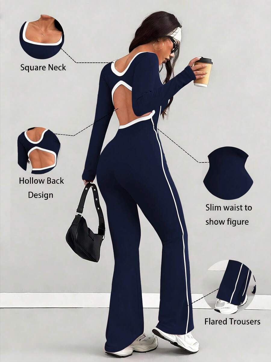 AITYI Studio 女士连体裤,时尚设计,户外街头镂空U领撞色织带设计,运动健身塑形修身性感舒适Y2K风格,适合日常、通勤、派对、度假、独立日、返校、情人节、骄傲月、狂欢节、音乐节等场合,2026春季新款舒适针织喇叭裤连体裤 - 藏蓝色 - 查看 1