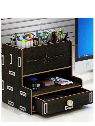 Caixa de armazenamento de mesa de madeira com gavetas, porta-canetas multifuncional e organizador de escritório