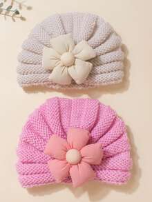 2pcs Floral Baby Knit Beanies, Solid Color, Suitable For Daily Wear - Multicolor - View 1