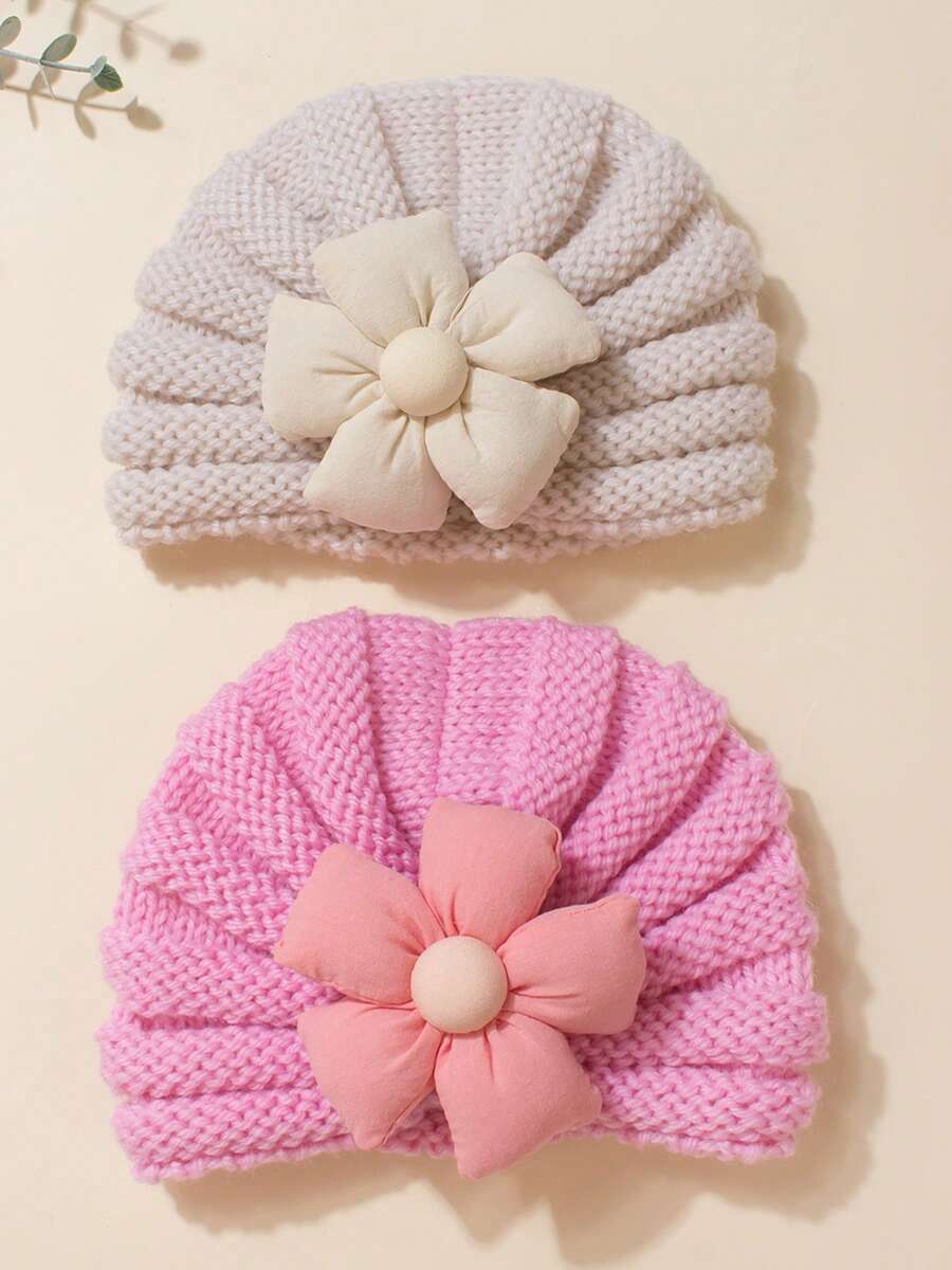 2pcs Floral Baby Knit Beanies, Solid Color, Suitable For Daily Wear - Multicolor - View 1