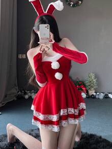 四件套性感内衣套装，天鹅绒连衣裙，兔耳朵毛球蕾丝装饰，性感诱惑，节日庆典服装，情人节，圣诞节 - 酒紅色 - 查看 9