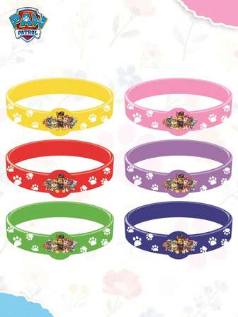Paw Patrol 6条汪汪队手环，色彩缤纷，饰有爪印和队员图案，材质舒适易戴，色彩鲜艳持久，是为婚礼场地、餐厅增添主题氛围的完美之选，也是生日派对的理想礼物。