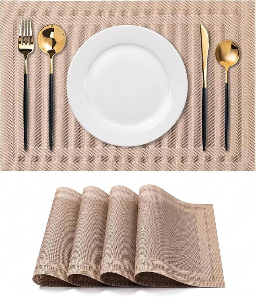 Washable Vinyl Placemats Set Of 4 For Indoor/Outdoor Use - H-simple Style-light Brown - View 1