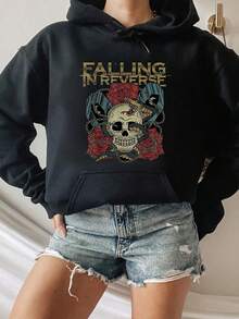 Falling In Reverse Skull Roses Snake Design Round Neck Short Sleeve Hooded Sweatshirt Women's And Men's Patterned Sweatshirts - Black - View 5