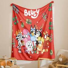 Bluey 1 pieza Manta de franela estilo invernal navideño Brui, manta de poliéster con fondo rojo y diseño de dibujos animados Brui, manta suave y cómoda