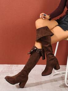 女士过膝长靴，粗跟，保暖，搭扣闭合，圆头，高跟，有弹性，适合秋冬季