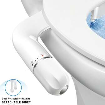 Accesorio bidé para inodoro - Bidé ultra delgado sin electricidad, con doble boquilla de autolimpieza, accesorio de asiento de bidé con agua tibia y controles de presión