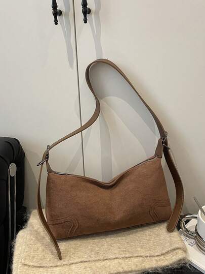 New Fall/Winter Women's Handbag Collection Retro-Chic Suede Square Bag Zipper Opening Compact Size, Lightweight & Minimalist Design Solid-Color Soft-Touch Shoulder Bag With Underarm Carry