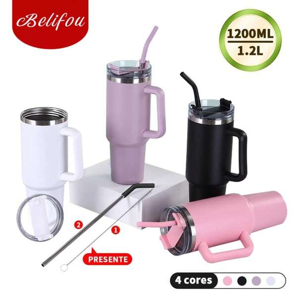 Belifou 1200ml/1.2L Garrafa Térmica Copo Térmico Inox Portátil Garrafa Inoxidável Tampa Canudo