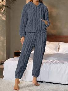 Nina Bonheur 两件套女士加厚双面抓绒连帽衫+舒适家居裤套装，适合居家穿着，蓬松舒适的冬季服装 - 藍色 - 查看 8