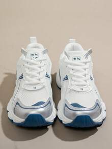 女士春秋新款休闲厚底运动鞋，网眼透气厚底坡跟休闲鞋，轻便百搭时尚系带白/灰色休闲运动鞋，适合所有季节 - 藍色 - 查看 6