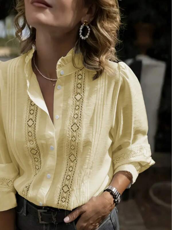 Fall Clothes For Women. Fashionable Lace Patchwork And Street Casual Lapel Solid Color Long-Sleeved Women's Shirt, The Most Favored Beautiful And Elegant Women's Shirt When Going Out, Suitable For Home, Daily Life, Work And Dates In Spring And Autumn