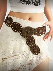 1pc Western Cowgirl Boho Style Women's Belt, Paired With Antique Bronze Metal Leather Belt, Suitable For Autumn, Winter, Spring, Jeans, Halloween, Skirts, Maxi Dresses, Parties, Galas, Outfits - Brown - View 3