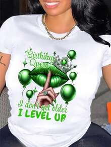 Queen's Birthday Queen Pattern T-Shirt, 100%Cotton, Casual Round-Neck T-Shirt With Balloon And Lip Print, Regular Length, Knitted Fabric, Suitable For All Seasons, Allseason Top| Humorous Design | Medium Elasticity - 綠色 - 查看 1
