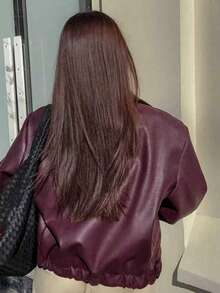 女款純色拉鍊休閒百搭長袖夾克 棕色人造皮革做舊紋理腰帶騎行夾克冬季外套 - 酒紅色 - 查看 6