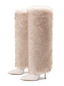 Sexy Women Furry Boots Stiletto High Heels Knee High Fluffy Fashion Design Luxury Elegant Party Nightclub Winter Shoes - 杏色 - 查看 2
