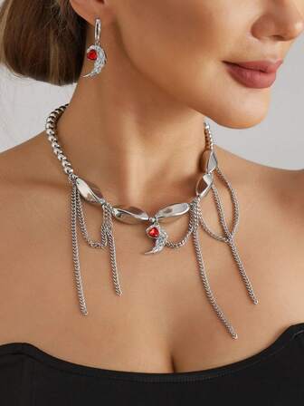 3 件套时尚流苏镶嵌红宝石恶魔翼项链 + 耳环首饰套装，适合男女佩戴，优雅适合节日派对、日常佩戴、圣诞节、感恩节、万圣节、生日礼物