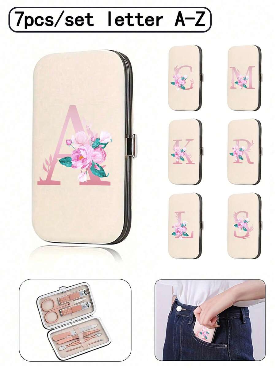 Bộ dụng cụ làm móng du lịch 7 món in họa tiết hoa và chữ cái, chữ A-Y màu hồng, hộp đựng dụng cụ chăm sóc móng dung tích lớn, bao gồm các dụng cụ bằng thép không gỉ, kìm cắt móng siêu sắc bén chống thấm nước, hộp đựng kìm cắt móng thiết kế cổ điển, thích hợp cho việc làm đẹp di động, du lịch, dã ngoại, trường nội trú và sử dụng tại nhà. - Nhiều màu - Xem 1