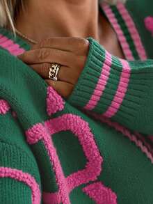 Women's Casual Letter Pattern V-Neck Single-Breasted Knitted Cardigan Sweater, Long Sleeve, Autumn/Winter - Green - View 3