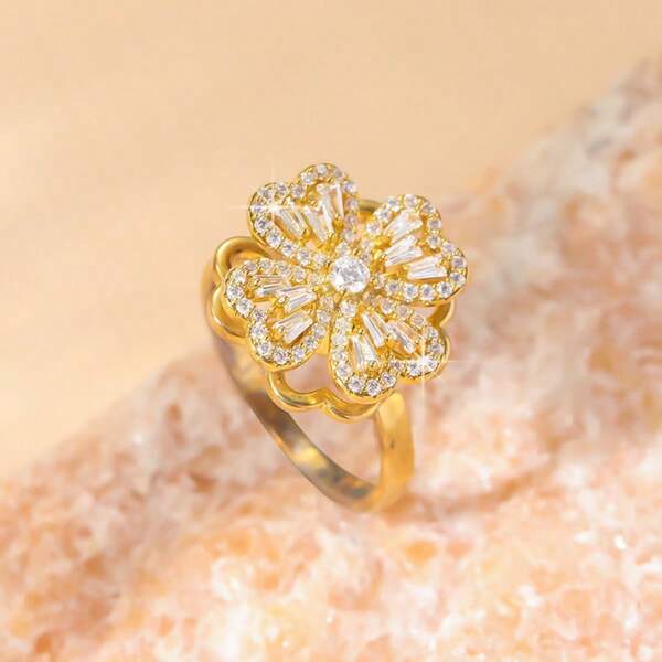 1pc Elegant Four-Leaf Clover Cubic Zirconia Engagement Rings,Double Layer Suitable For Anxiety Relief Rotatable Ring For Women Jewelry Wedding, Vacation Party Accessories Gifts