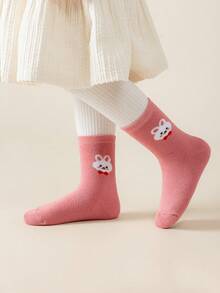 5 Pairs Girls' Crew Socks, Pink, White, Red, Coffee, Yellow, Color Block, Cartoon Rabbit & Dog, Striped Pattern, Soft & Warm, Thick, Simple Style, Cute, Fashionable, Versatile, Suitable For Daily Wear, Autumn/Winter - Multicolor - View 5