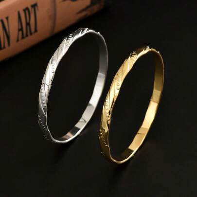 1pc Minimalist Design Regal Style Ribbed Pattern Accent Bangle Bracelet, Two Color Options, Suitable For Men And Women, Couples Gift, Wrist Accessory