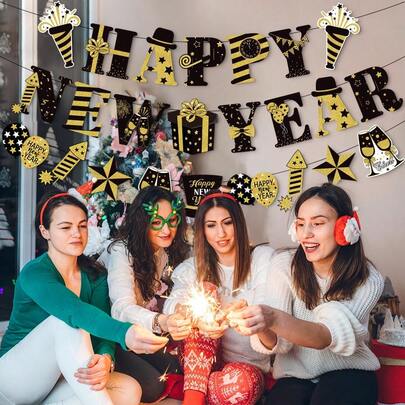 1 Set New Year's Flag, New Year Party, New Year's Day Window Banner & Pennant