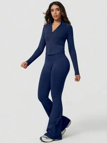 NcmRyu 1 Set Women Seamless Ribbed Zip Up Mock Neck Long Sleeve Flare Pants Activewear Suit - Blue - View 8