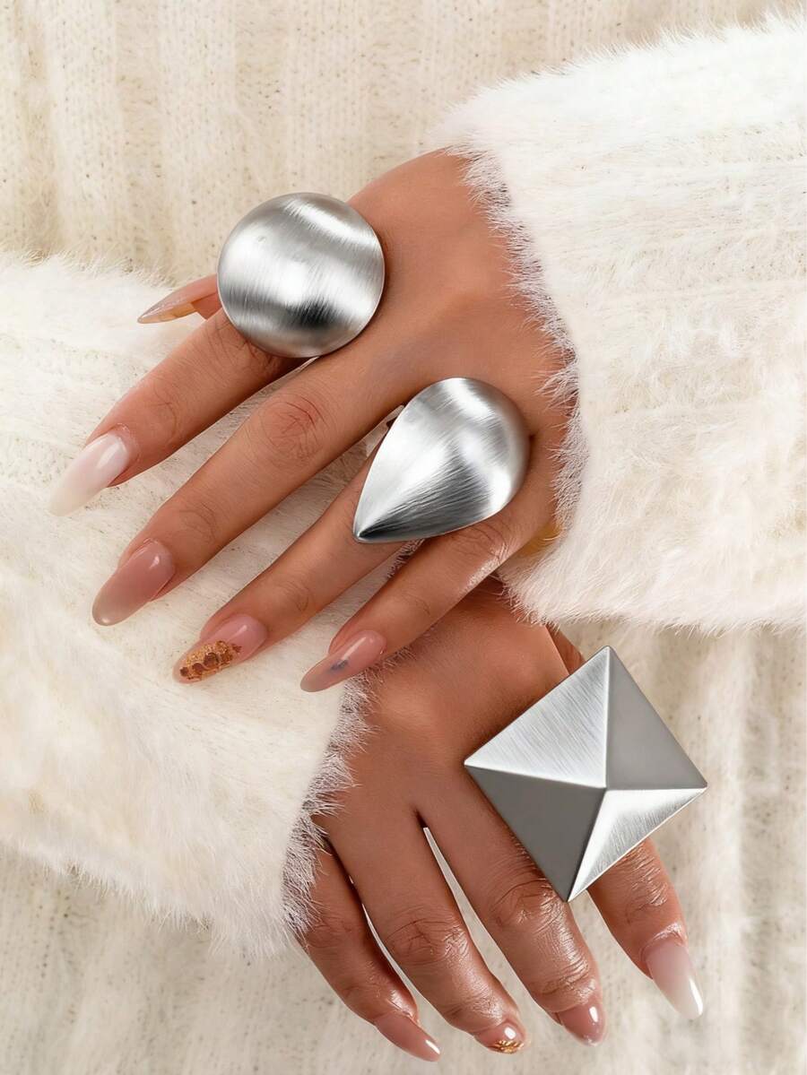 3 件镀银几何个性戒指套装 - 超大夸张粗戒指珠宝适合日常佩戴、派对 - 銀色 - 查看 1