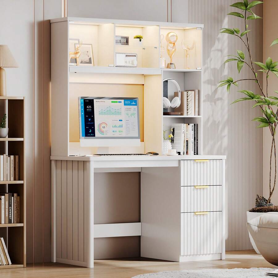 HWB Computer Desk With 3 Drawers & Hutch, Executive Office Desk With Power Outlets & LED Reading Light, White Desk With Storage Shelves For Home Office Work And Study - View 1