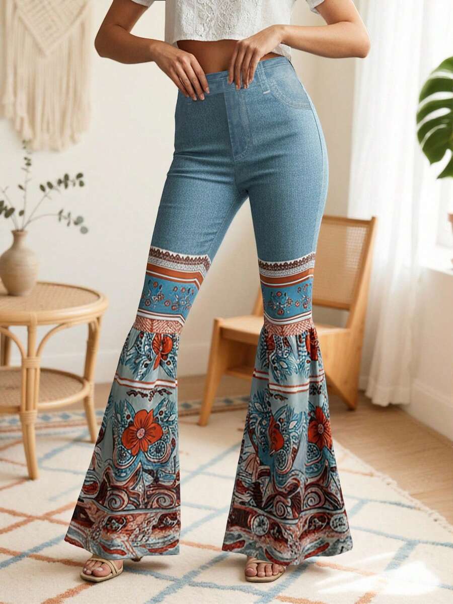 Plus Size Women Denim Effect High Stretch Loose Flare Pants With Pleated Patchwork Hem, Creative Design Casual Comfortable Wide Leg Trousers - Blue - View 1