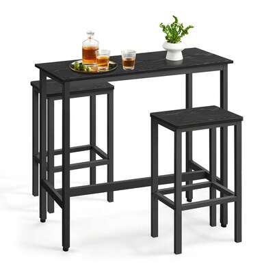 Dining Table Set, Bar Table And Stools, Breakfast Bar Table With 2 Rectangular Bar Stools, Industrial Steel Frame, Ebony Black And Ink Black LBT218B56