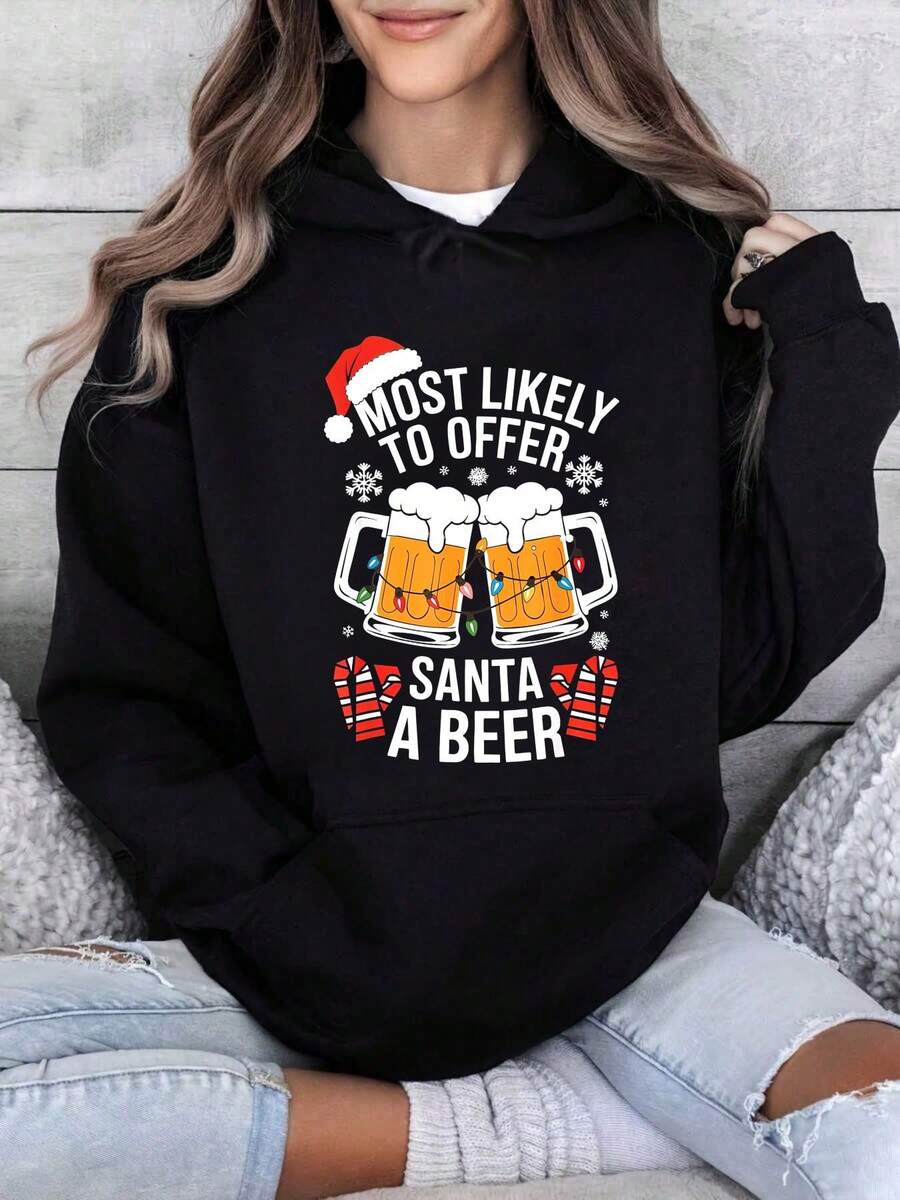 Most Likely To Offer Santa A Beer Shirt Christmas Drinking Hooded Sweatshirt - Black - View 1