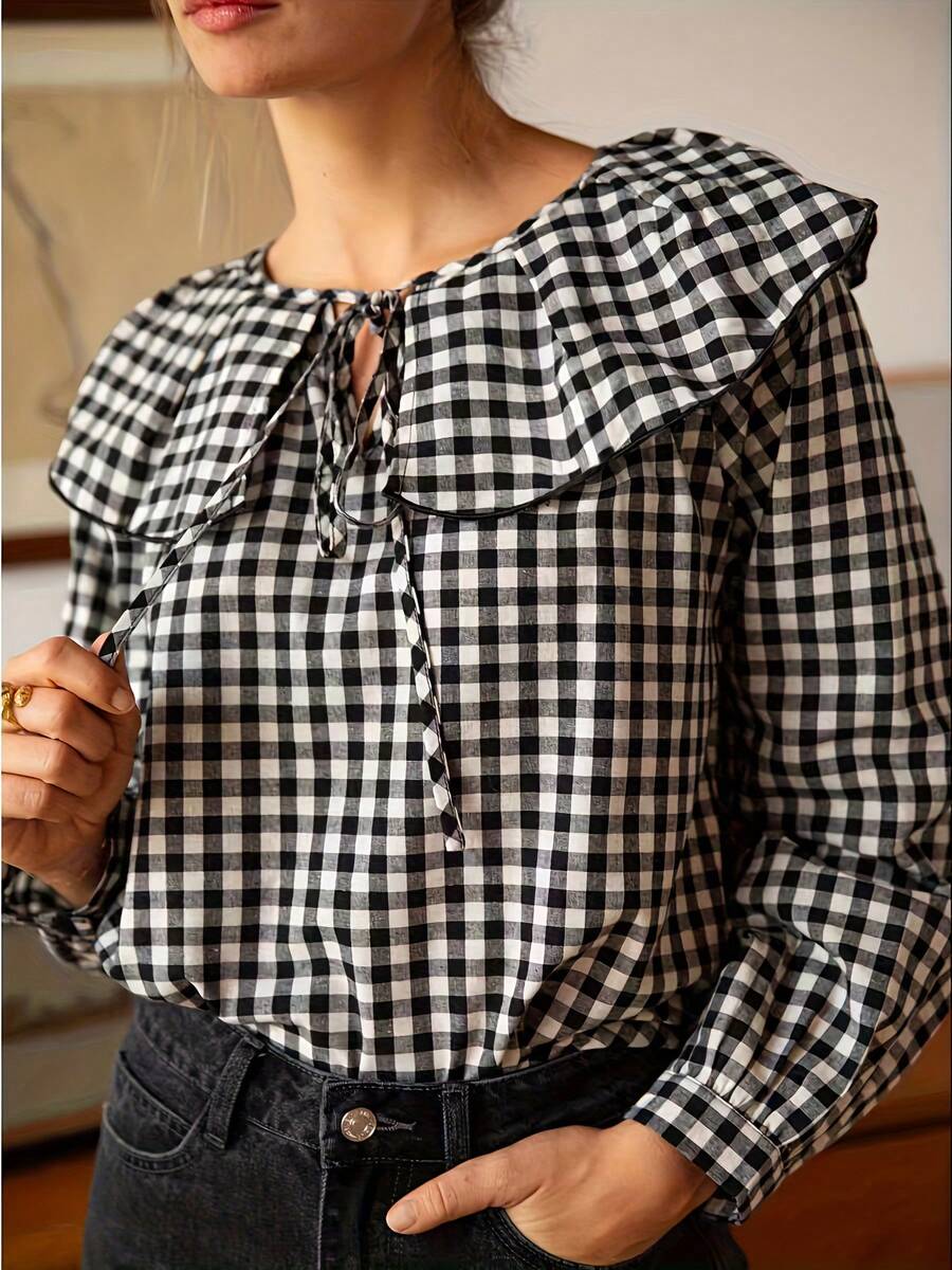 Plus Size Elegant French Casual Plaid Woven Fabric Tie-Front Ruffle Collar Blouse, Suitable For Daily Office Wear, All Seasons Black Spring - Black - View 1