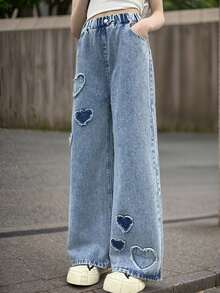 Girls' Light Blue Wide Leg Jeans With Heart Patch, Suitable For 8-15Y, Children Denim Pants, Tween Girl Washed Blue Heart Casual Loose Wide Leg Jeans, Loose Jeans, Girls Fashion Heart Patch Wide Leg Jeans, Elastic Waist, Non-Stretch, Loose & Comfortable Jeans, Streetwear Style For Tween Girls