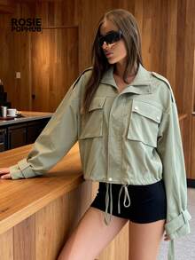 Veste style de rue verte pour femmes Rosie Pophub | Coupe-vent court en fibre de polyester avec col cranté, cordon de serrage à la taille et poches, décontracté pour le printemps/été, nouvelle arrivée - Militaire verte - Voir 9