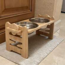 Adjustable Bamboo & Wood Pet Double Bowl Stand, Raised Feeder For Medium & Small Dogs And Cats