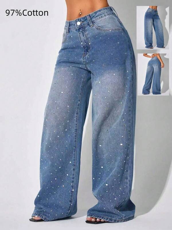 Calça Denim Perna Larga com Estampa de Respingo de Tinta