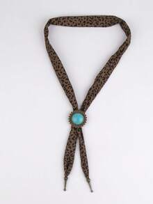 1pc Luxury Leopard Print Silk Scarf Bolo Tie Turquoise Alloy Pendant Adjustable Necklace