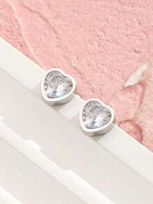 一对时尚简约心形锆石耳钉，适合女孩、家人和朋友在节日场合佩戴，珠宝配饰 - 彩色 - 查看 3